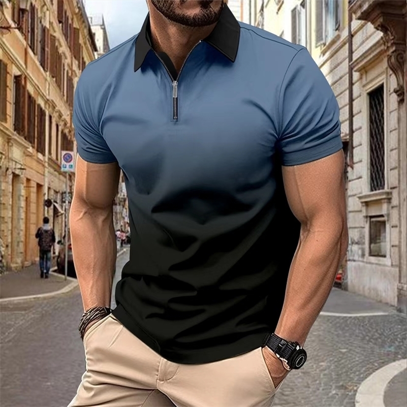 Mens casual breathable short-sleeved Polo shirt lapel zipper shirt Fashion business office summer T-shirt top 240819