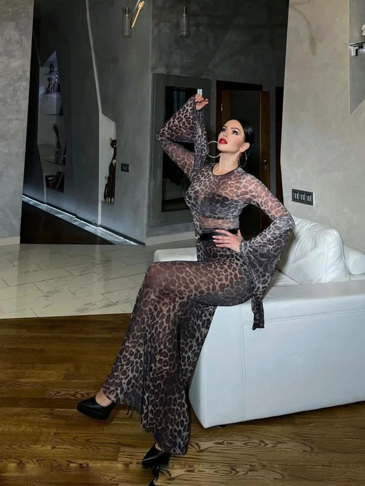CNYISHE Leopard Fashion Bodycon Sheath Women Dresses O Neck Long Flare Sleeve Outfits Sheer Sexy Club Female Slim Vestidos Robes 240819
