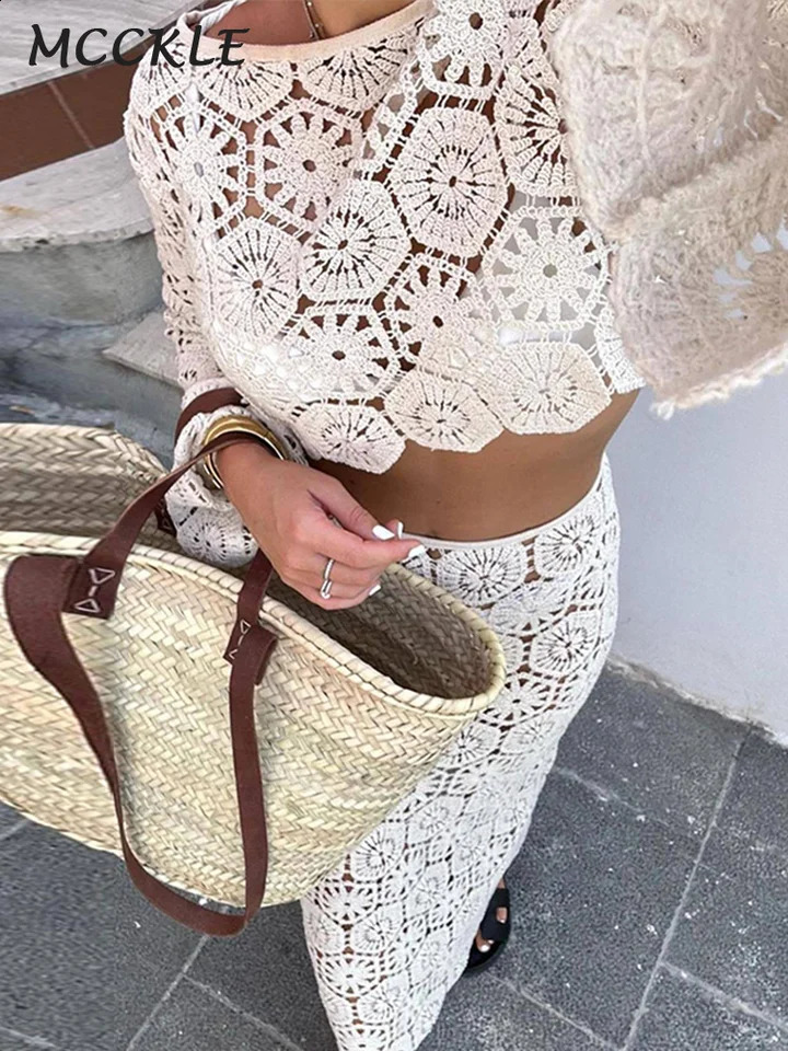 Slim Knit Crocheted Hollow Out Skirt Suit Women Long Flare Sleeve O-neck Crop Tops Hip Package Skirts 2024 Autumn Lady Beach Set 240813