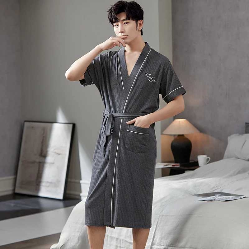 Fashionable Bathrobe new thin cotton knitted mens long robe V-neck mens sexy pajamas summer mens kimono short sleeved pajamas L-4XLW240719