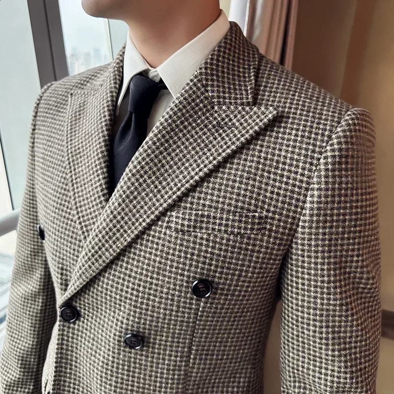 British style mens double chest ultrathin fit jacket Houndstooth official business wedding 240819