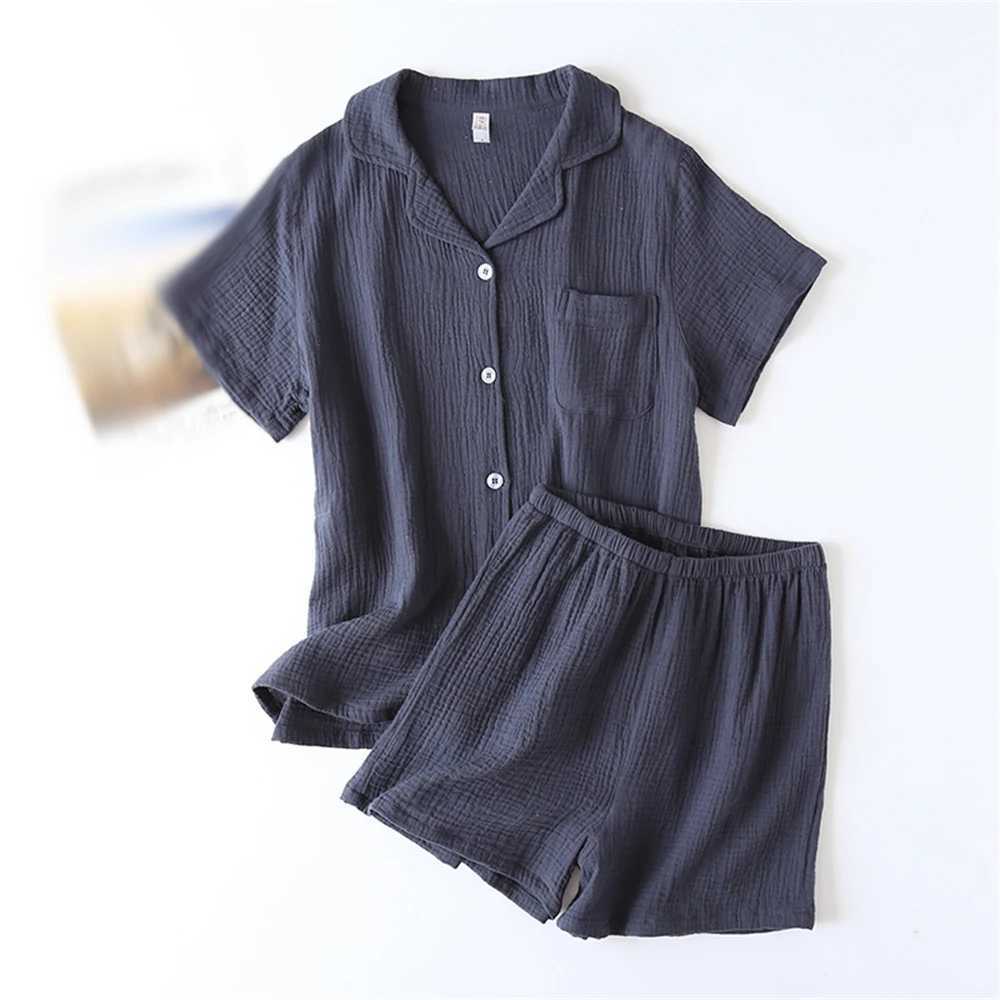 Cotton Crepe Mens Short sleeved Pajama Set with Collar Elastic Waist Short sleeved Thin Pajama Home Clothing Set Boys GiftW240719