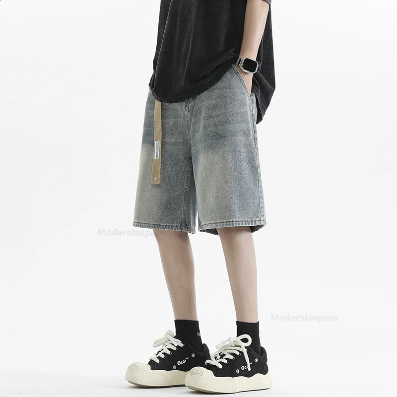 Summer mens retro denim shorts fashionable ultrathin breathable Bermuda jeans pocket casual wide 240819