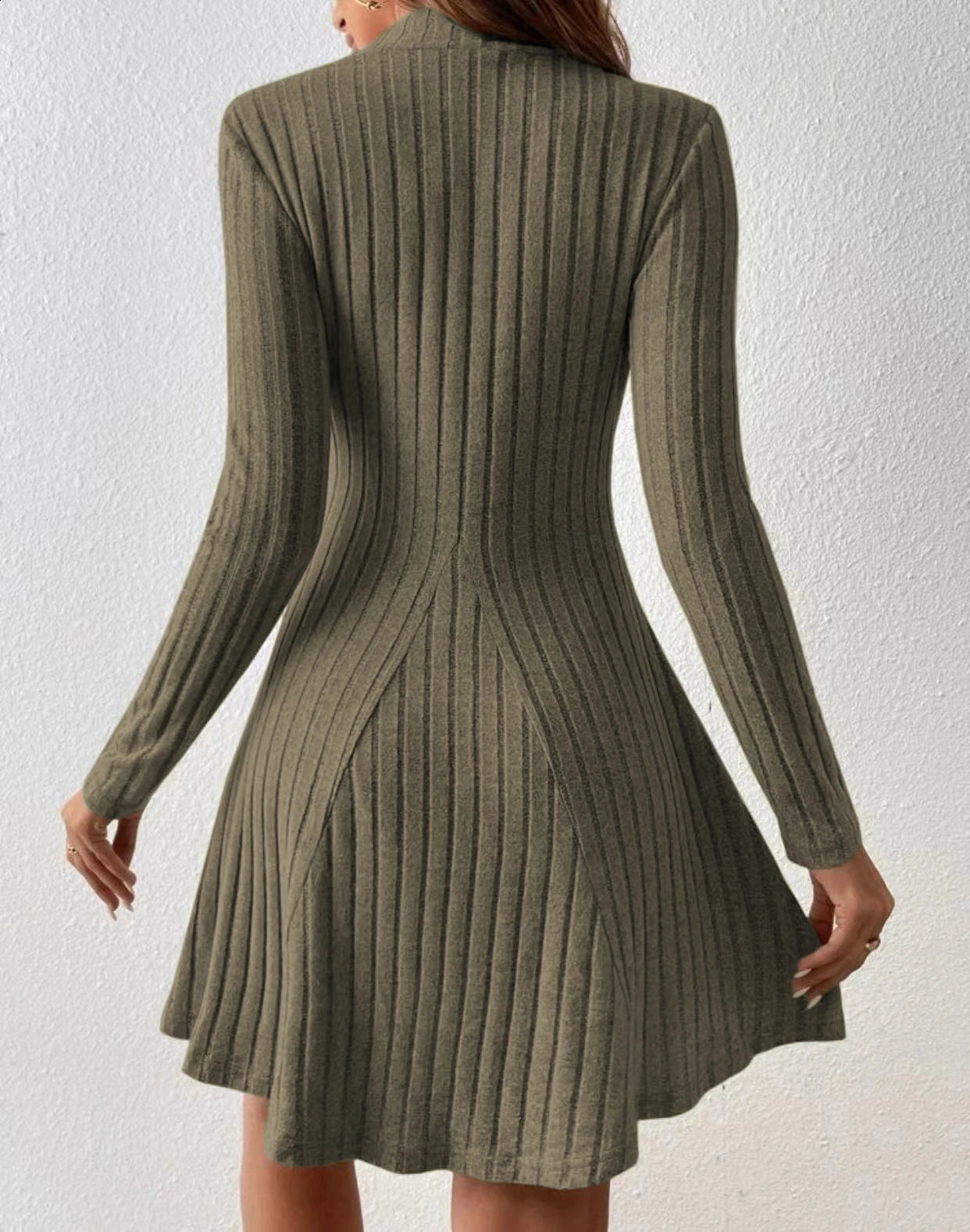 Fashion Slim Solid Color Ribbed Mock Neck Solid Dress Elegant Long Sleeve Dress For Spring Fall Womens Clothing 240819