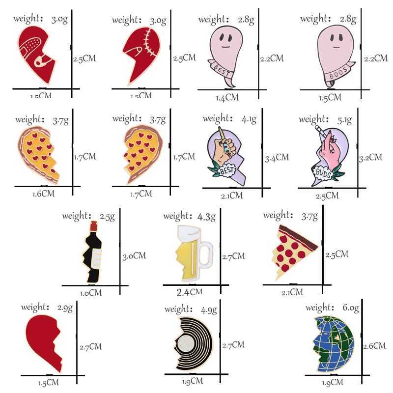 9 heart shaped brooch sets 2PCS/set cartoon enamel brooch suitable for couples best friends beer glasses pizza earth emblem pockets denim jewelry gift