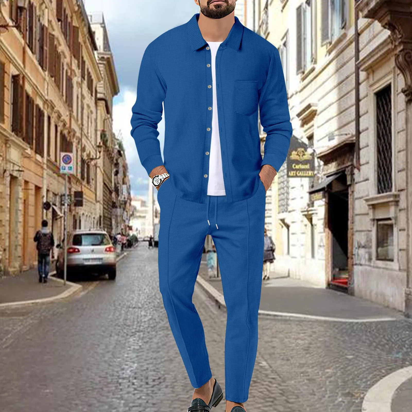 Mens summer casual long sleeve button cardigan shirt Waffle daily pants two sets 240819