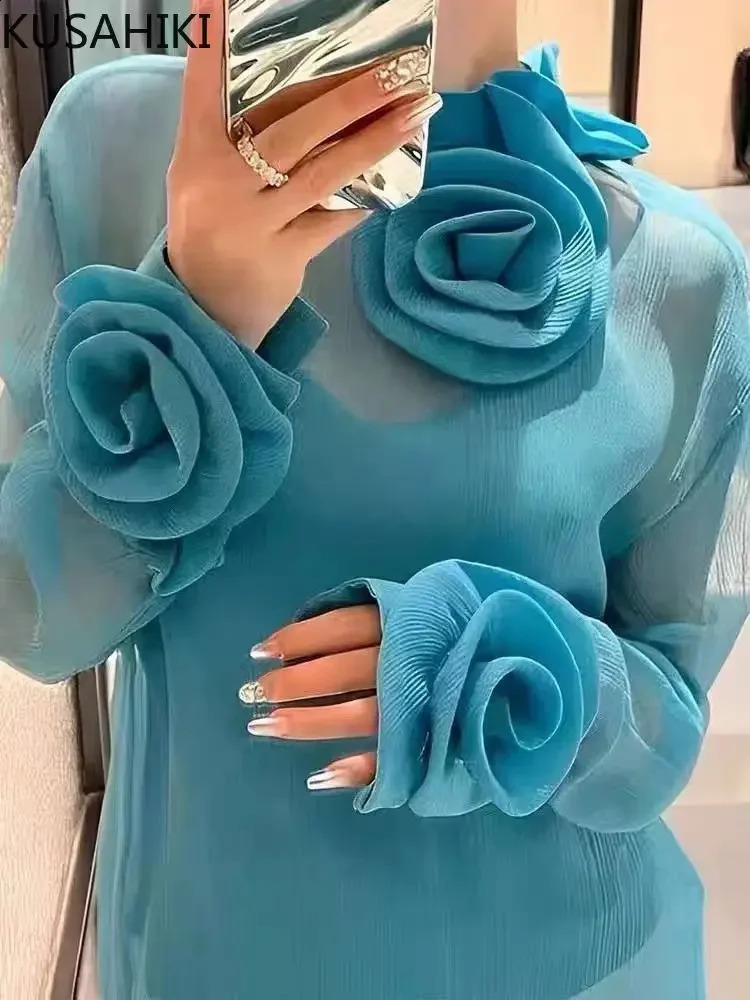KUSAHIKI Fashion 3D floral top womens fashion Korean elegant bottom shirt autumn long sleeved Blusas Feminina 240819