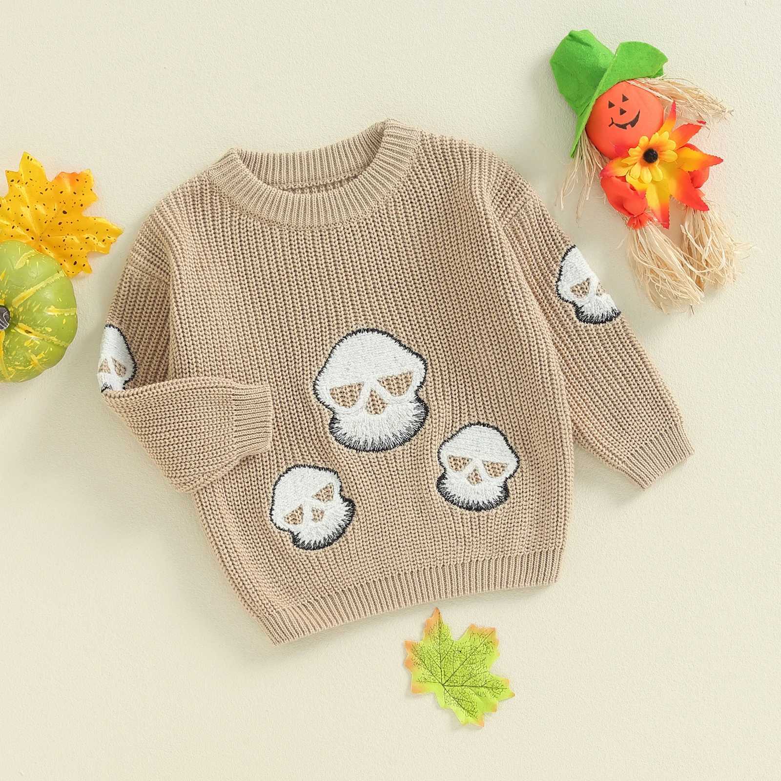 FOCUSNORM 0-3 Cute Baby Boys and Girls Halloween Sweater Long Sleeve Ghost/Skull Embroidery Childrens Sports Shirt Top W240820