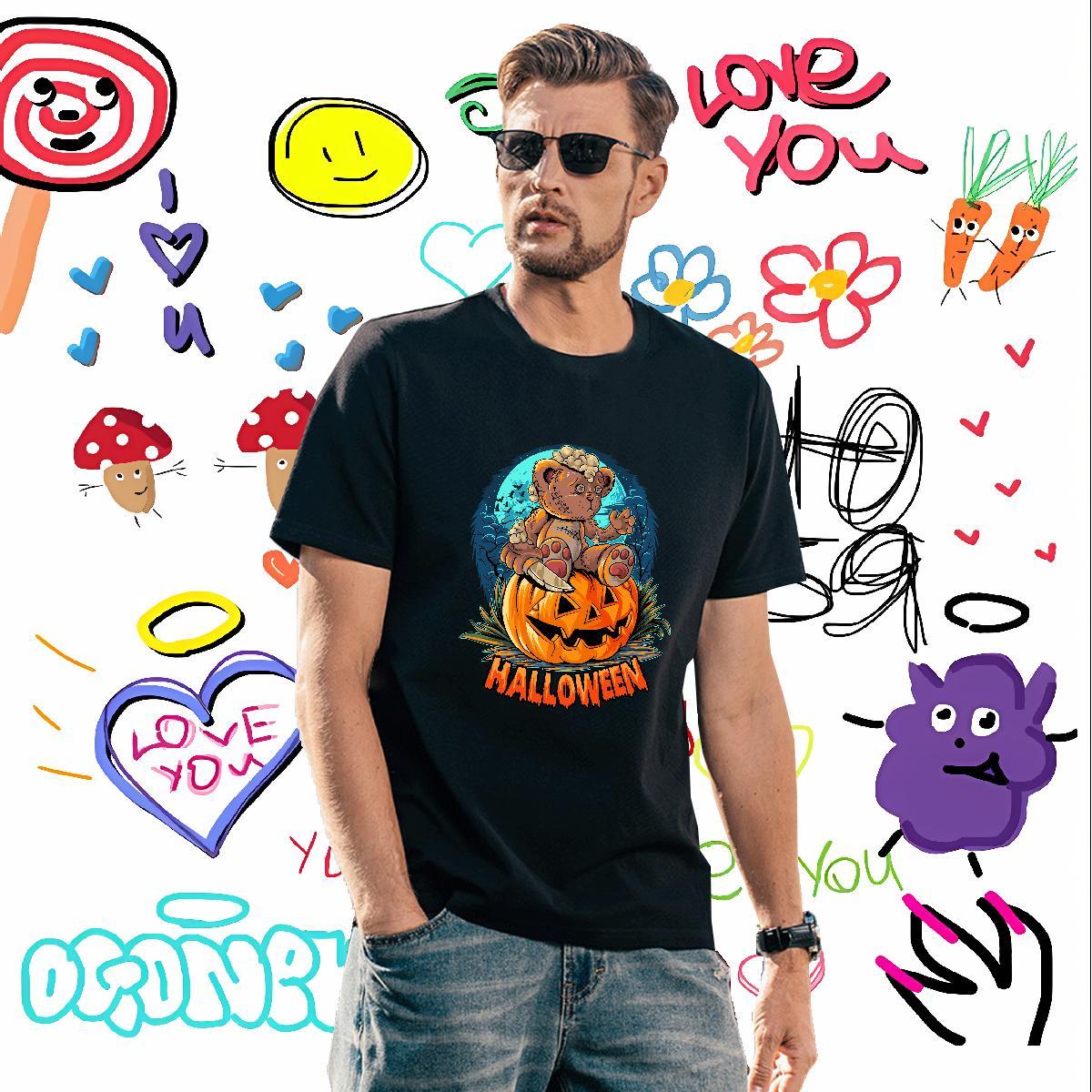 Unisex T Shirt For Man pumpkin Short Sleeve Soft Street Casual Anime Print 100% Cotton 230g Men Clothes T-Shirt 2024 New Top Tees