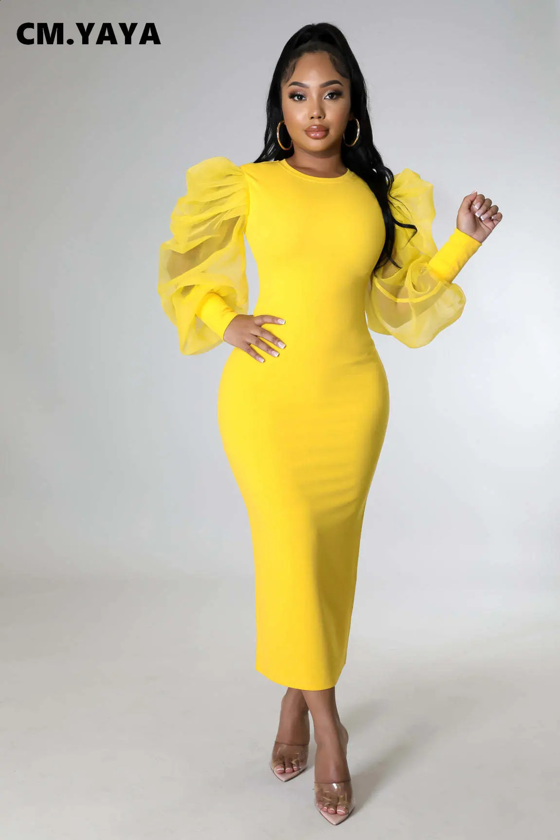 CM.YAYA Women Mesh Puff Long Sleeve O-neck Bodycon Midi Maxi Long Dress Vestidos Vintage Club Evening Sexy Party Dresses 240819