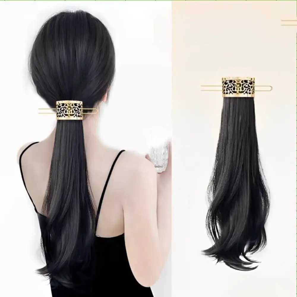Female synthetic wig metal hollow hair ponytail Chinese style simulation long curly straight hair extension gentle version W240817