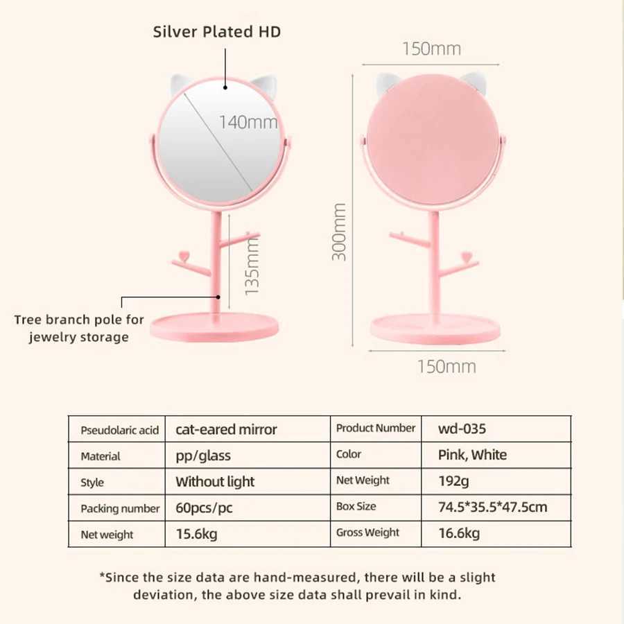 High Definition Single-Sided Makeup Mirror 360-Degree Rotating 1 1 Restore Cute Cat Ears Comb Makeup Mirror Y240819