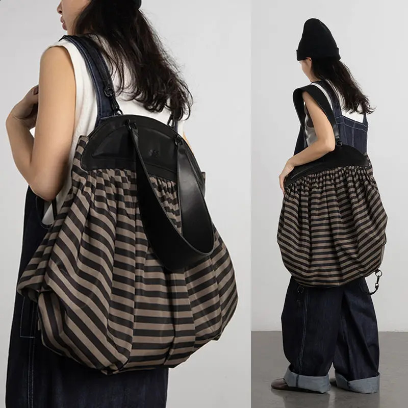 3 Women Tote High-Capacity Vintage Nylon Bucket Casual Striped Zipper Soft Shoulder Handbag Backpack Shopping Bag 240819 4