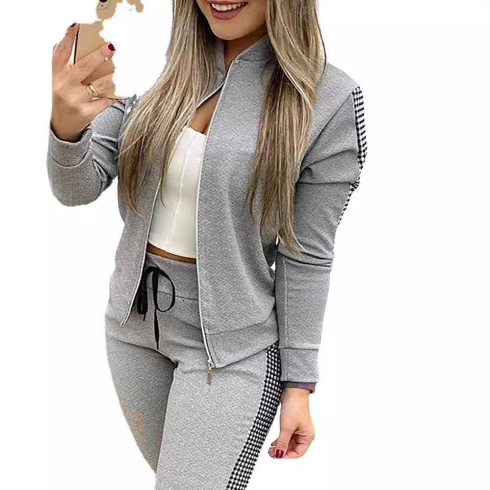 Autumn/winter New Long Style Sports and Leisure Zipper Splicing Grid Set Womens Clothing