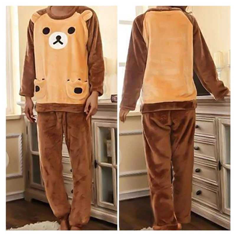 Mens Winter Warm Flannel Pajama Set Long Sleeve Thick Mens Coral Velvet Cute Cartoon Pajama Set New PajamaW240719