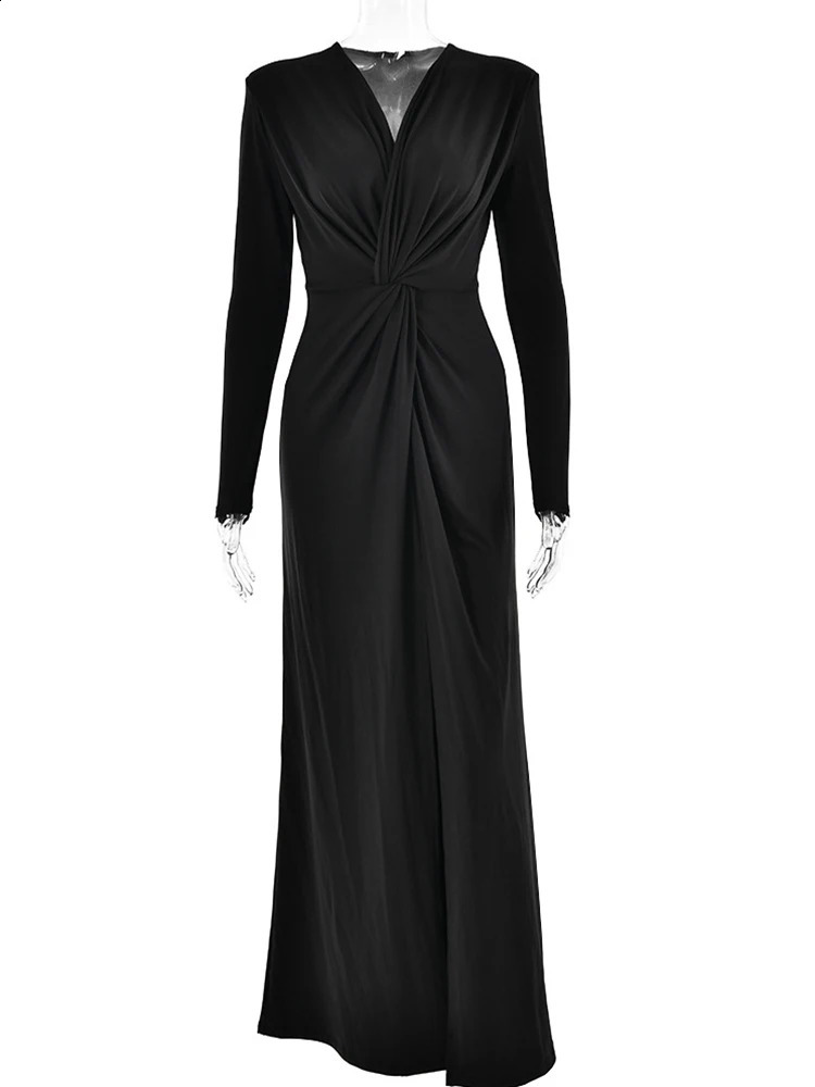 CNYISHE Elegant Split Solid Sexy Club Women Dresses Long Sleeve Deep V Neck Bodycon Fashion Streetwaer Slim Female Vestidos Robe 240819