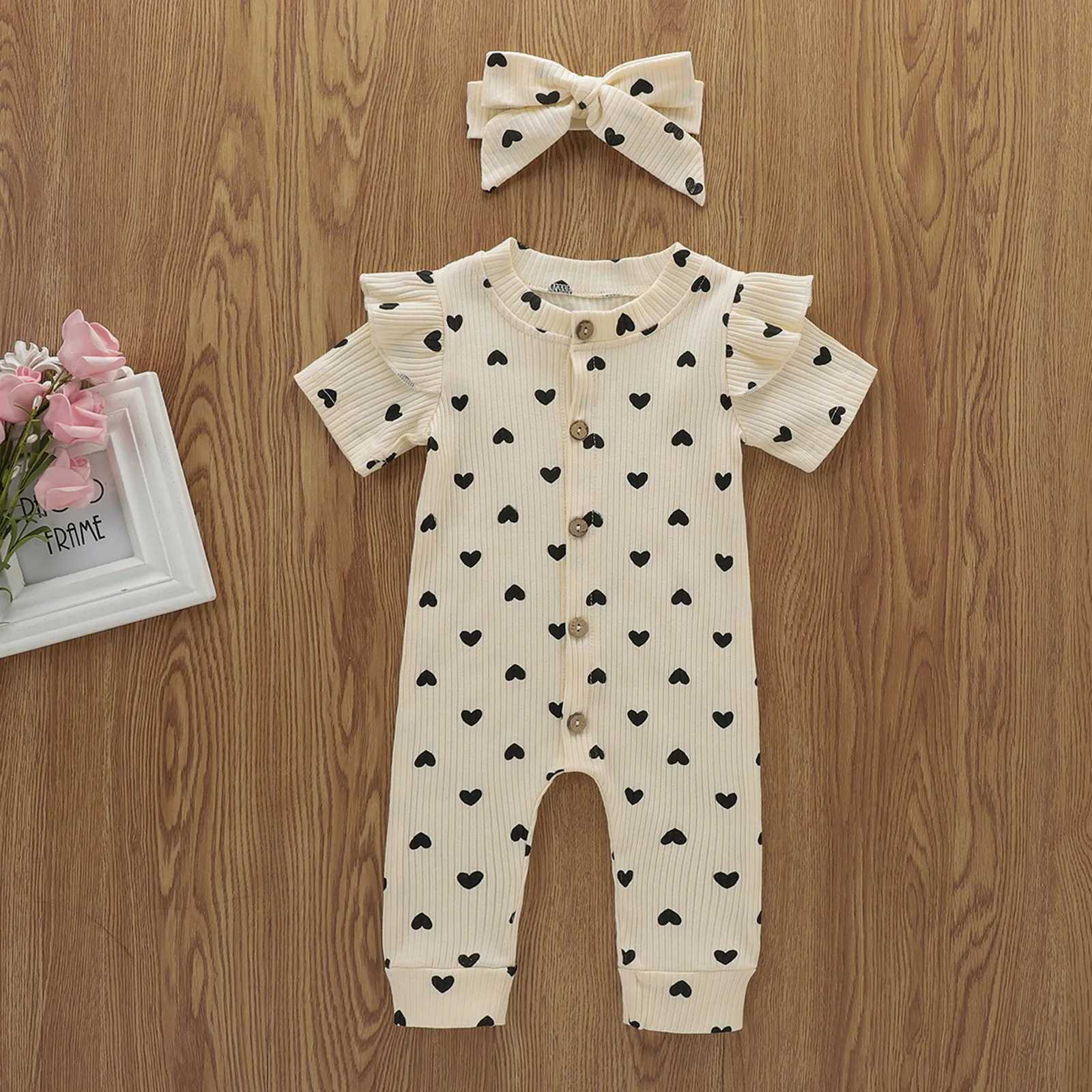 Day Romper Print Girls Valentines Hearts Infant Baby Ruffles Jumpsuit+Headbands Girls Romper Jumpsuit One Birthday Outfit Girls W240806