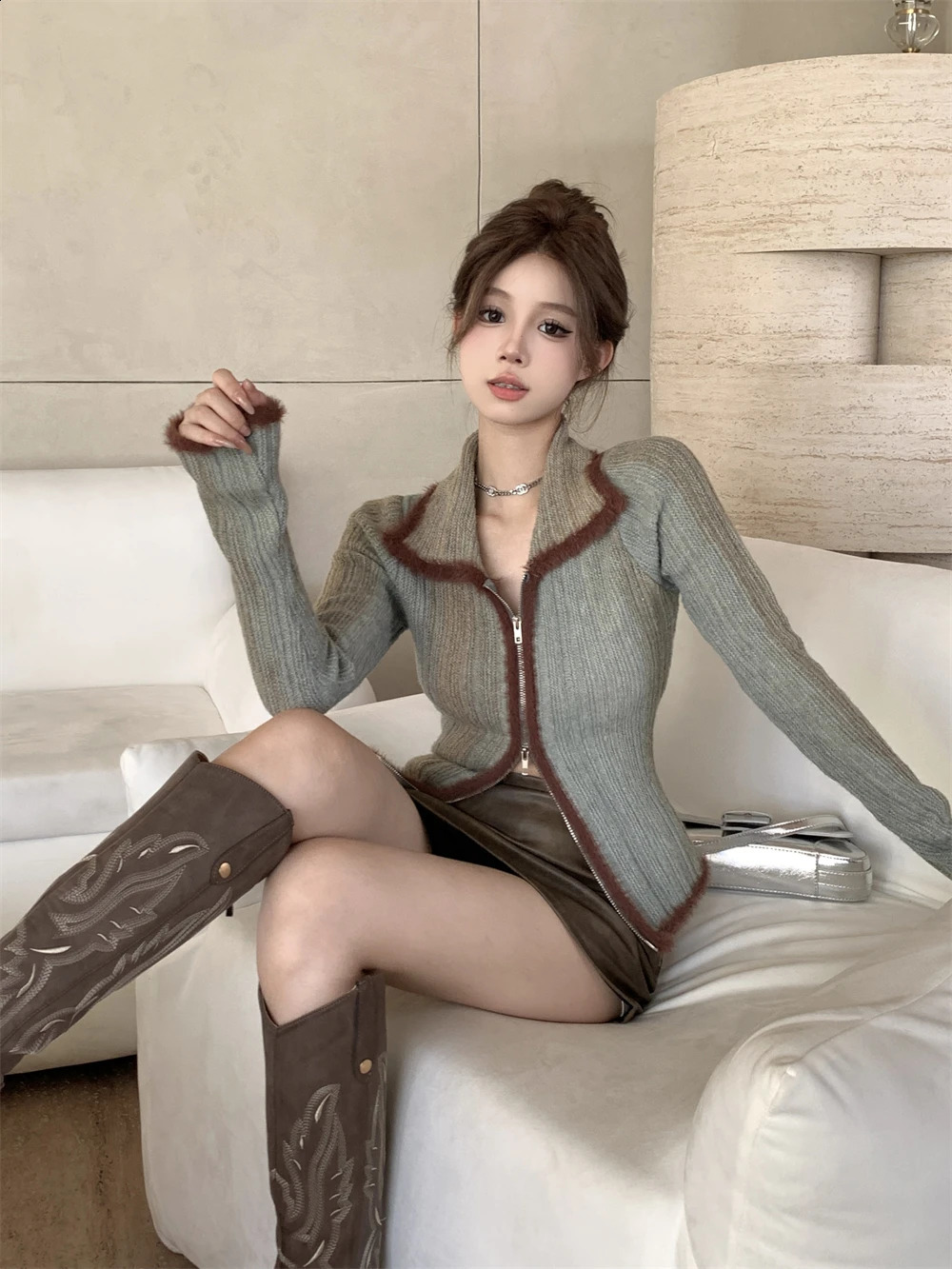Casual contrasting color cardigan womens autumn long sleeved zipper knitted top with collar n open front sweater 240819