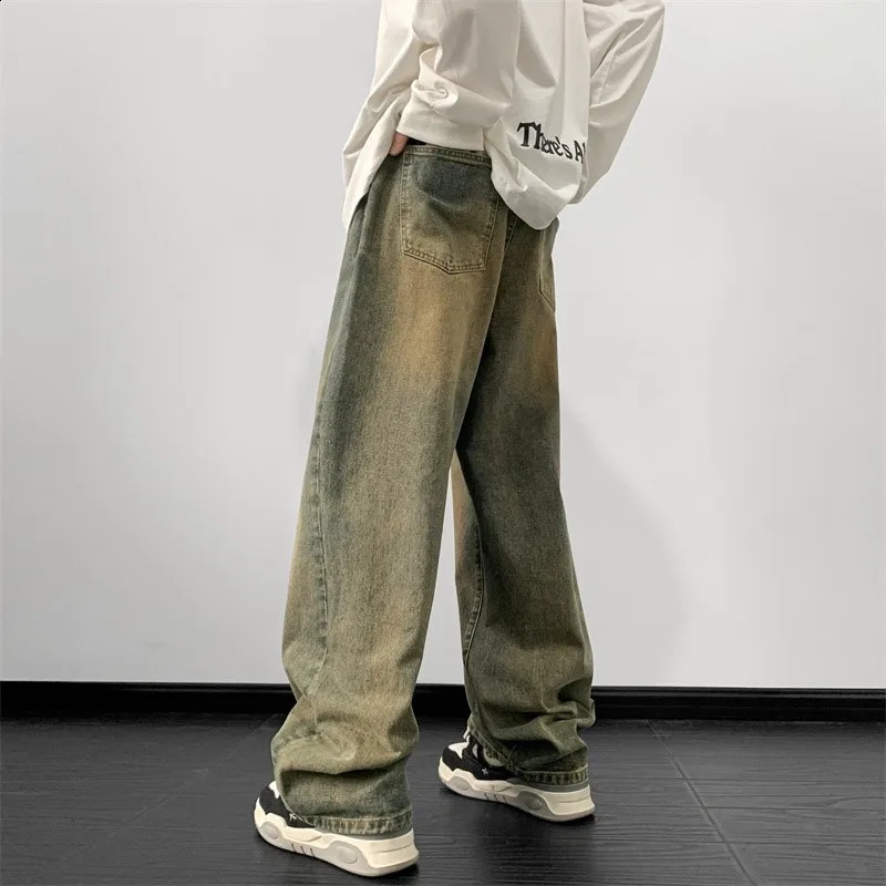 Mens autumn loose jeans wide leg mens straight Harajuku retro Trouser streetwear 240819