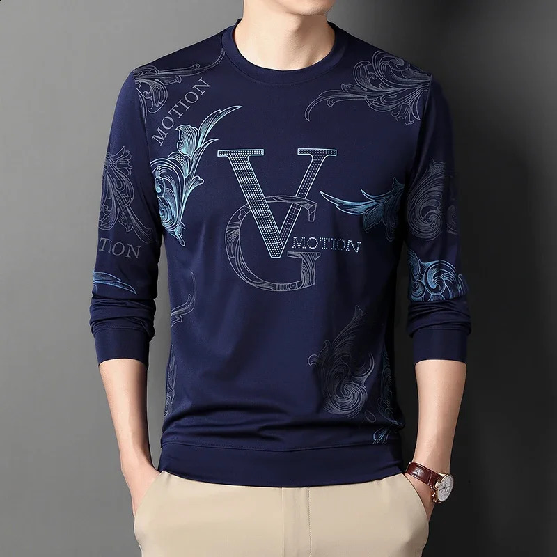 Long sleeved printed T-shirt for men Long sleeved polo shirt with round neck top for men 240820