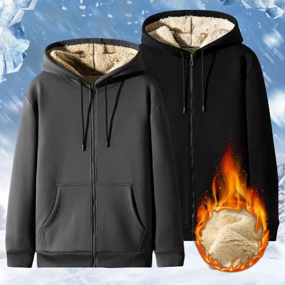 Fashionable sportswear jacket with front pocket warm zipper cashmere mens and womens winter solid color plush lining open top hooded sweatshirt 240819