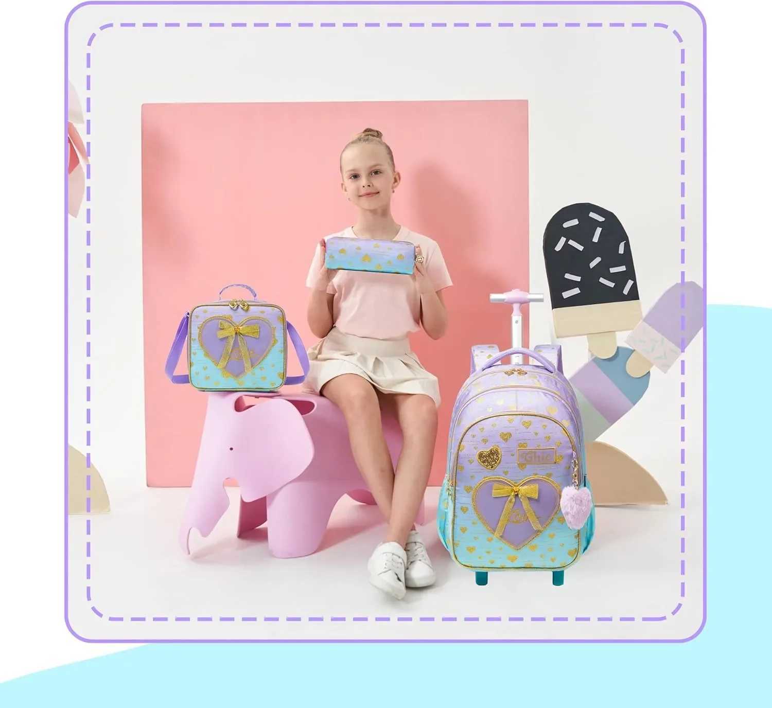 18Inch Trolley School Bags for Girls Children Travel Rolling Backpack School Trolley Bag Set with Lunch Bag Kids Wheeled Bookbag Y240820