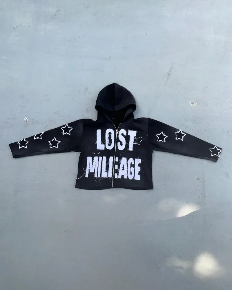 Punk Harajuku Loose Hoodie Alphabet Star Embroidered Zipper Womens Street Retro Couple Sweater 240819