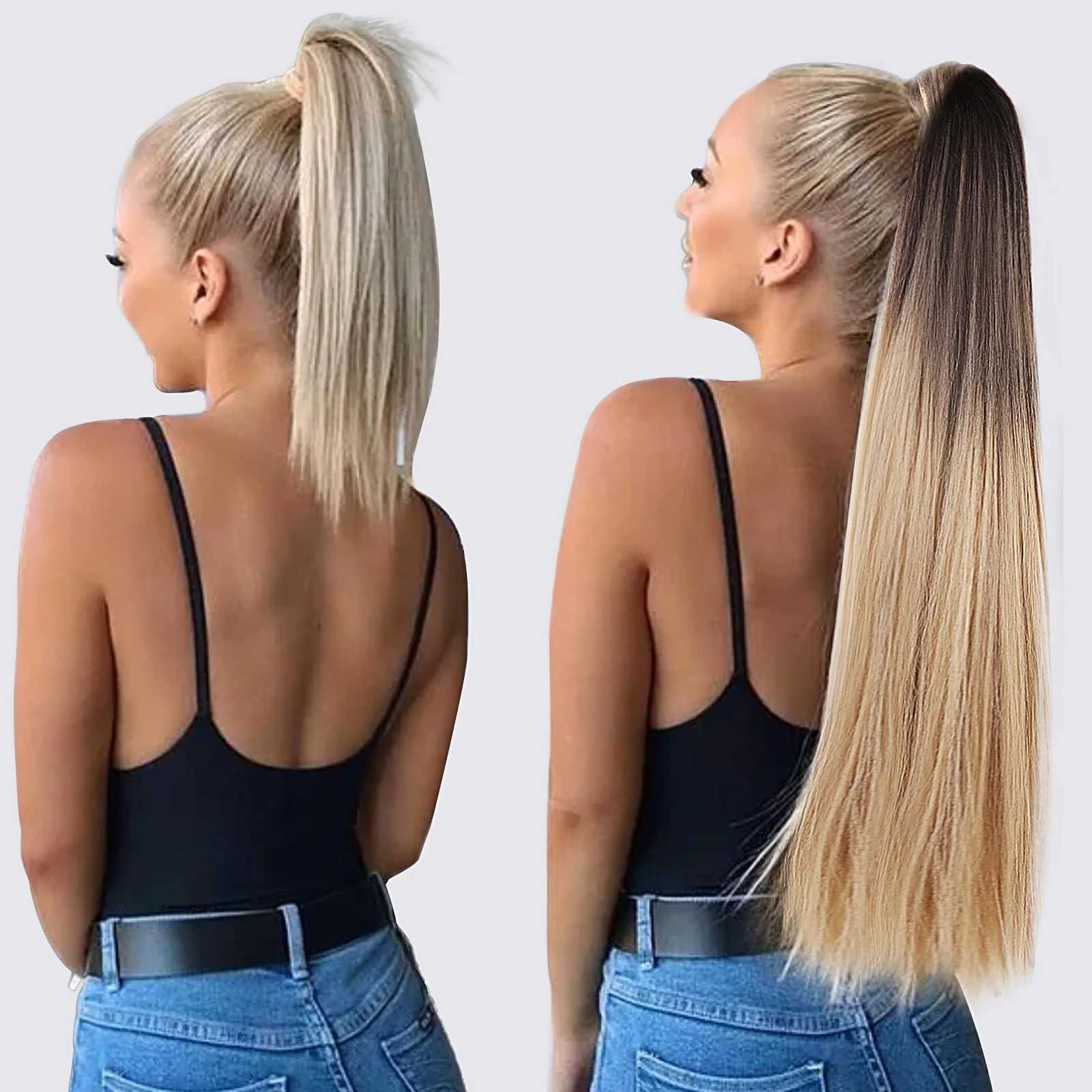 HAIRCUBE long straight clip on ponytail female hair extensions black to blonde brown Ombre synthetic ponytail wig W240817