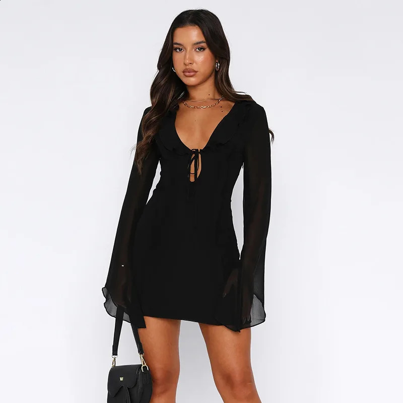 Black Deep V Robes Elegant Party Evening Dress Lace Up Sexy Dresses For Women Bodycon Mini Autumn Dress Vestidos 240819