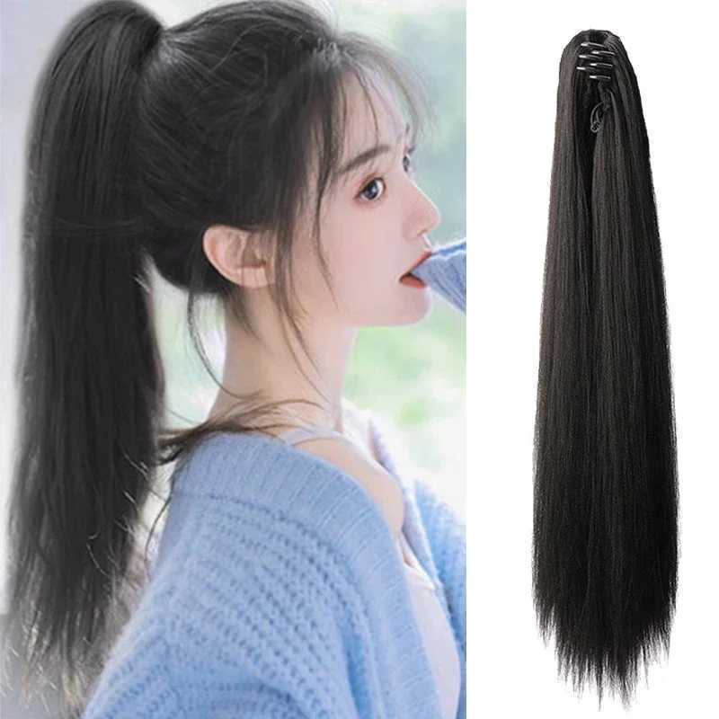 Wigsin synthetic long straight ponytail claw clip hair extension smooth black brown female wig W240817