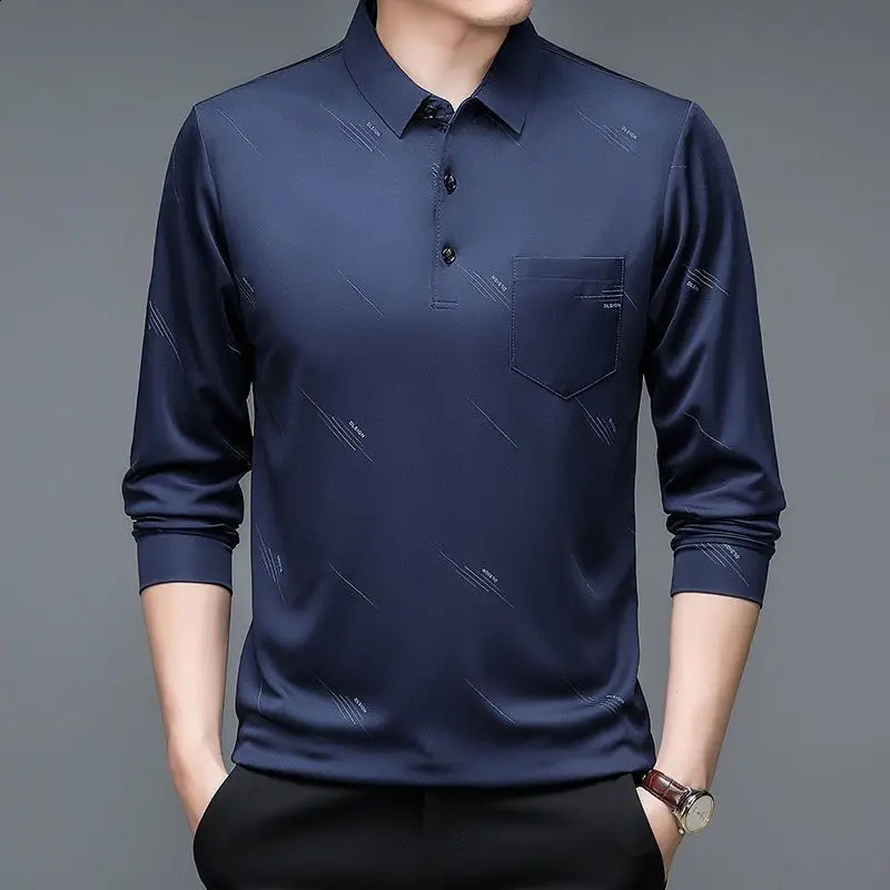 Men Business Fashion Long Sleeve Polo Shirts Spring Autumn Lapel Korean Male Clothes Streetwear Casual Thin Smooth Tops 240820