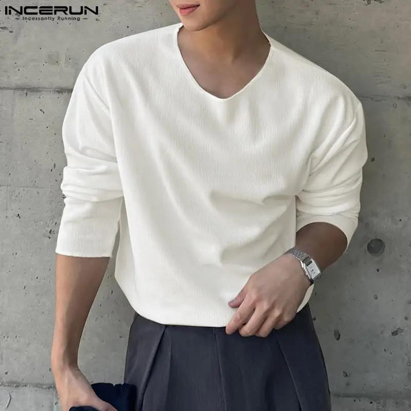 INCERUN Tops Korean Style Fashion Mens Loose V-neck Knitted T-shirts Summer Casual Streetwear Long Sleeved Camiseta S-5XL 240820