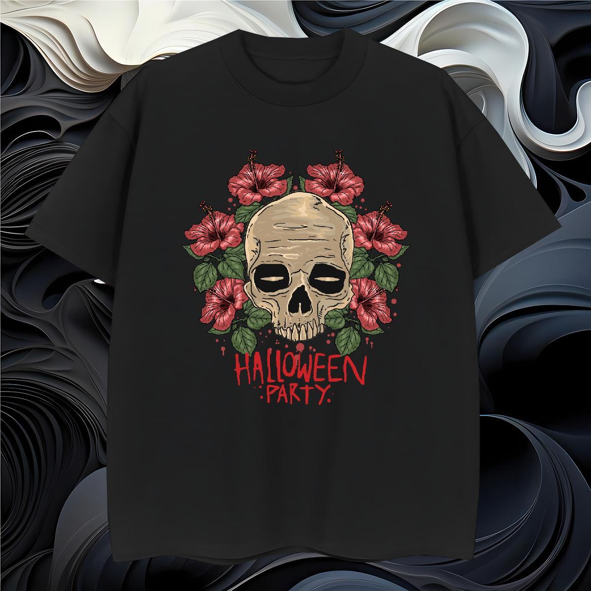 Unisex T Shirt For Man skull O-Neck Short Sleeve Beach Floral Print 230g Pure Cotton Men Tees 2024 Summer Clothes