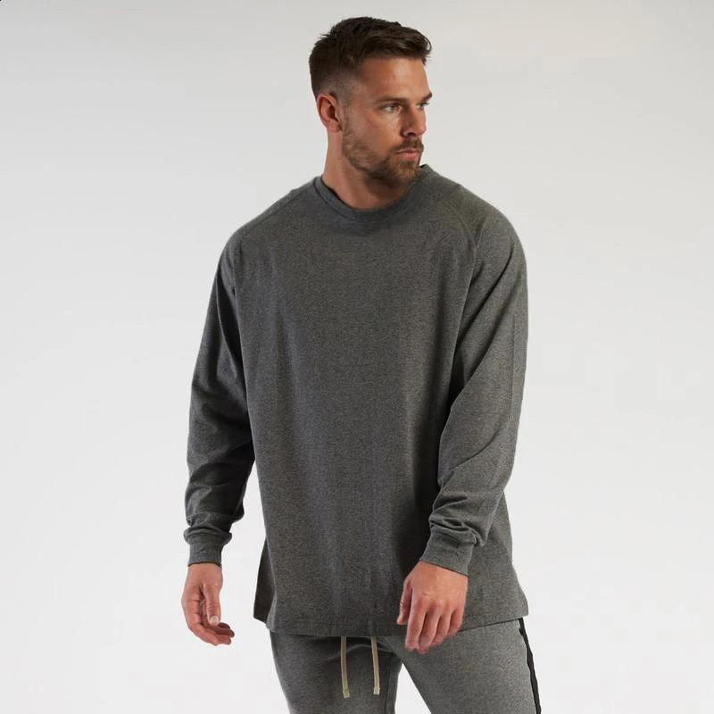Oversized Loose Long Sleeve T Shirt Mens Fashion Streetwear Hip Hop Fitness T-shirt Spring Plian Gym Clothing Workout Tshirt 240820