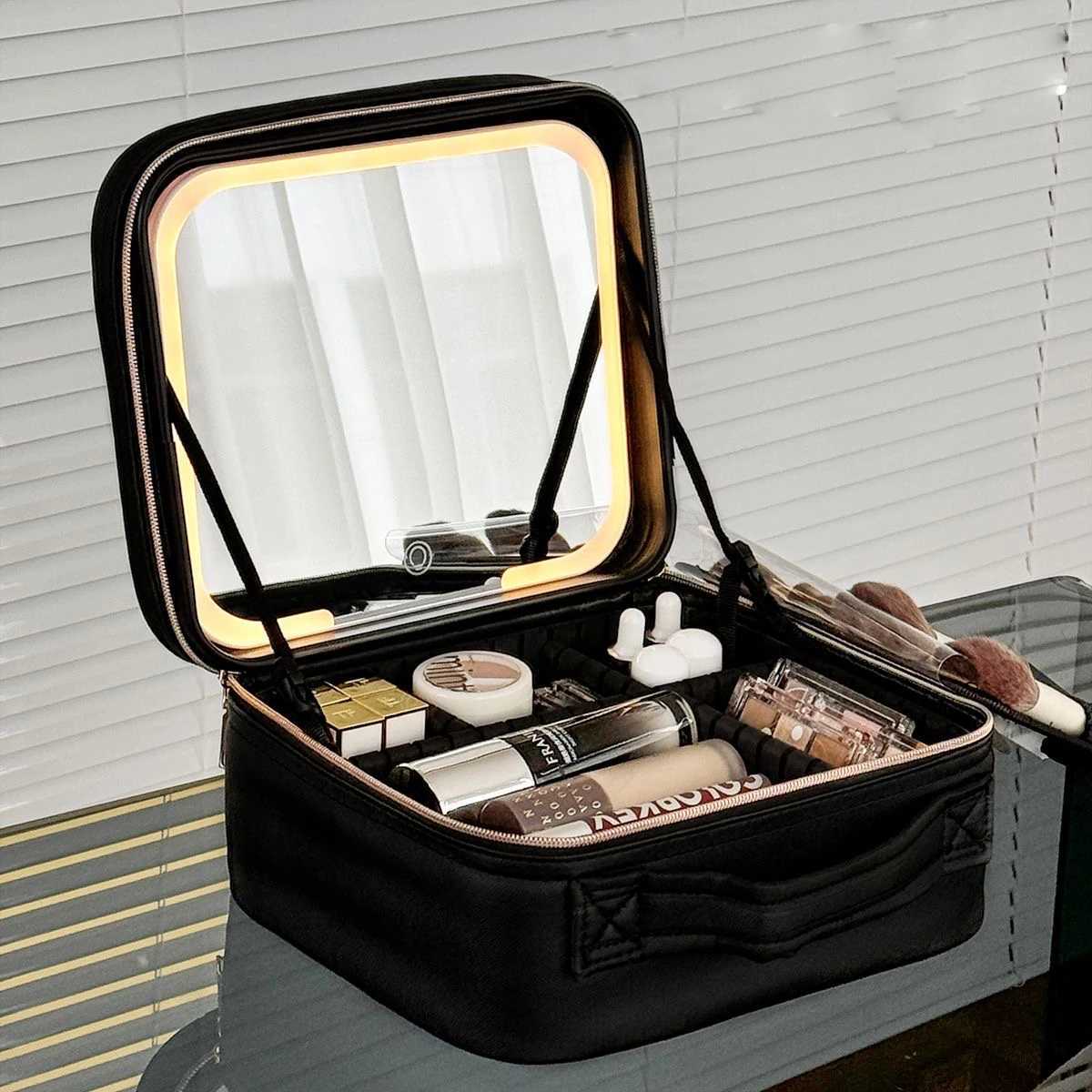 Travel Makeup Bag with Lighted Mirror and 3 Color Settings Rechargeable Cosmetic Organizer Case for Beauty Tools and Accessories Y240819