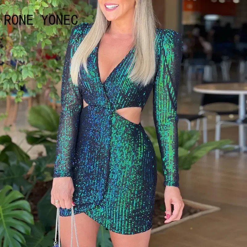 Women Chic Solid Sequins Deep V Neck Sexy Long Sleeves Midriff Mini Party Dresses 240819