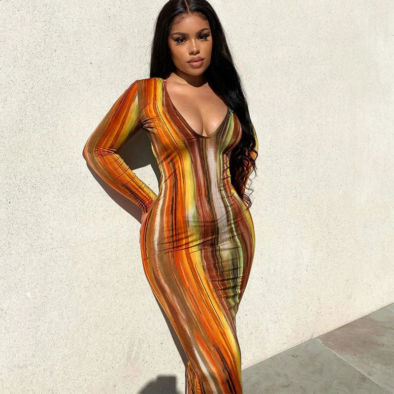 Spring and Autumn Womens V-neck Stripe Long Sleeve Tight Fit Sexy Dress for Women 240819