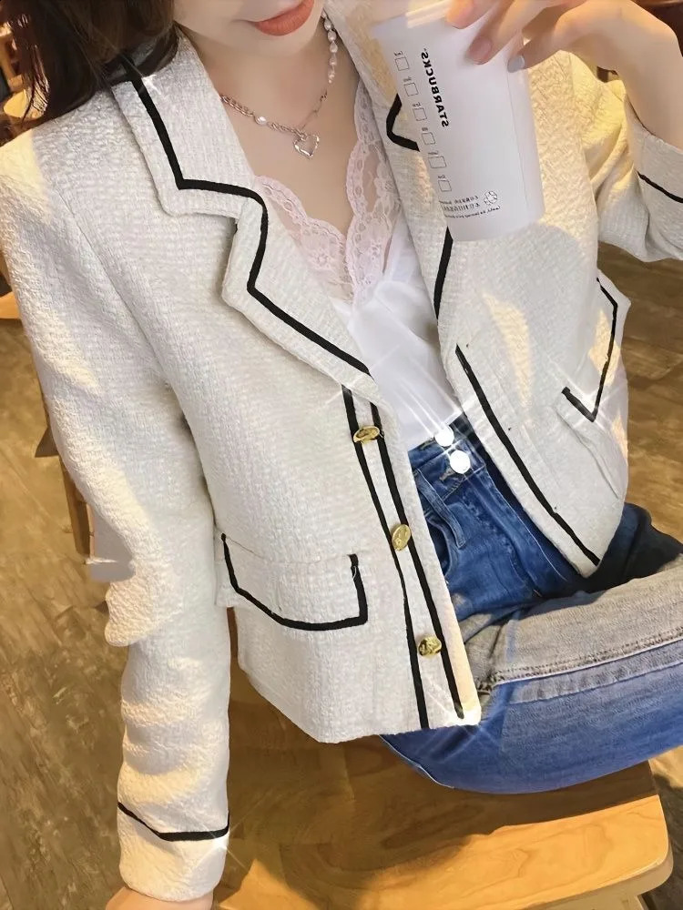 Autumn vintage womens Y2k coarse woolen jacket Korean temperature ultrathin suitable for outerwear patch workwear fashionable single chest elegant top