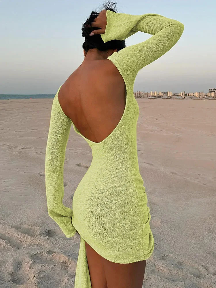 Knitted Backless Bandage Mini Dress Womens Sexy Floral Solid Color Long Sleeve Smocked Party Dress Slim Mini Dress 240819