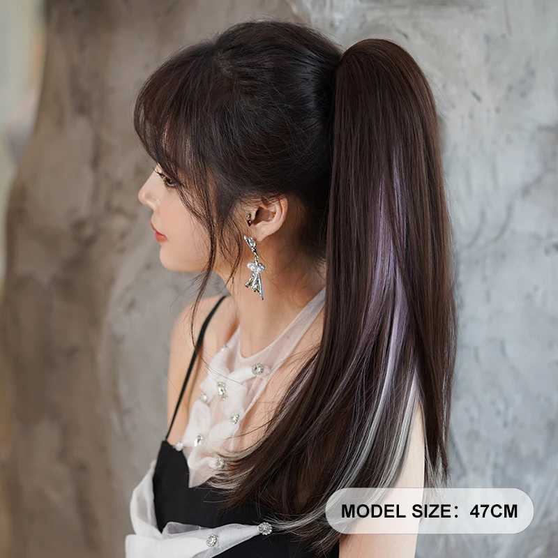 Long straight claw clip ponytail extension brown synthetic hair piece high gloss pink ponytail female hair extension W240817