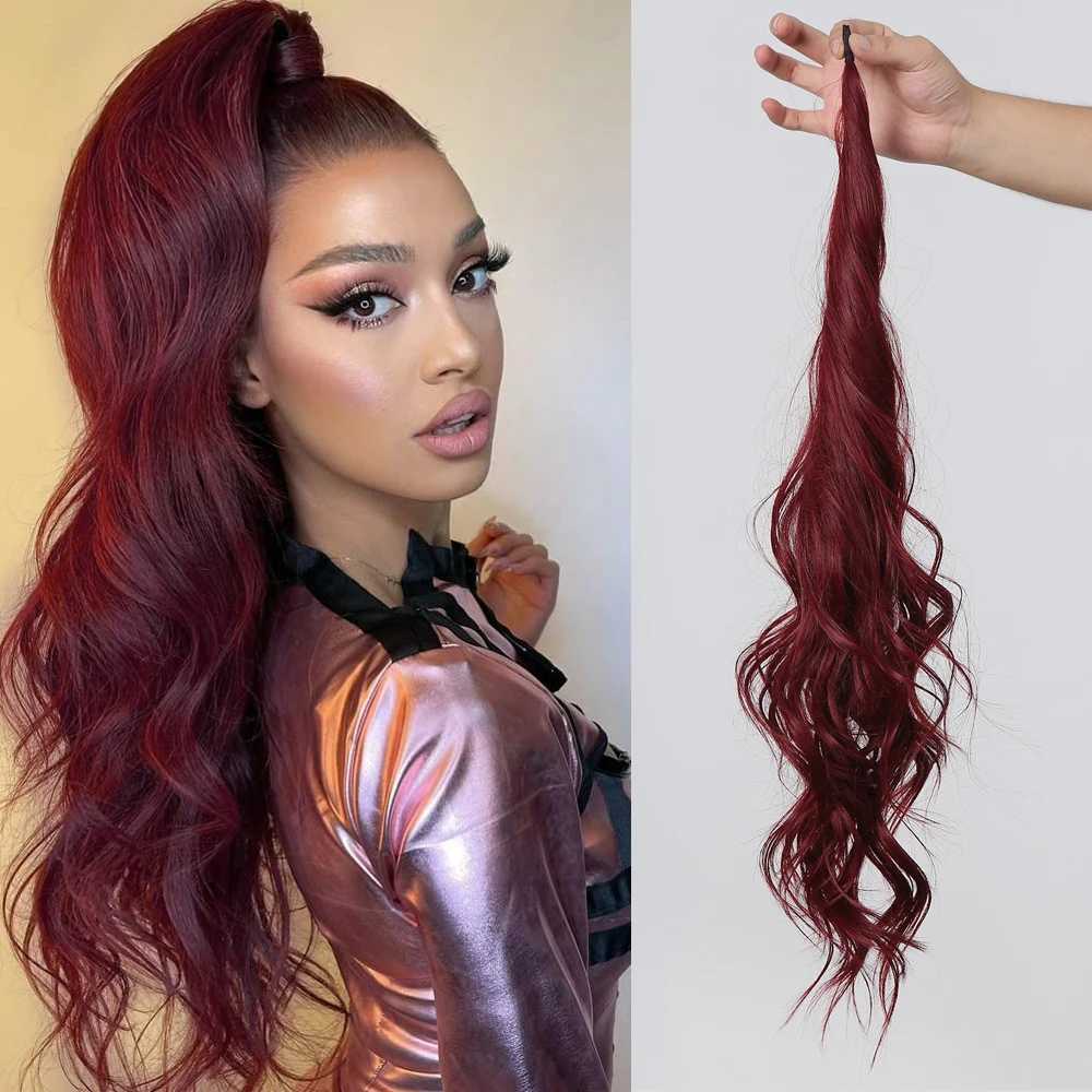 Wine red long wave synthetic ponytail flexible wrapping around hair extends womens daily fake hair party Lolita wig heat-resistant W240817
