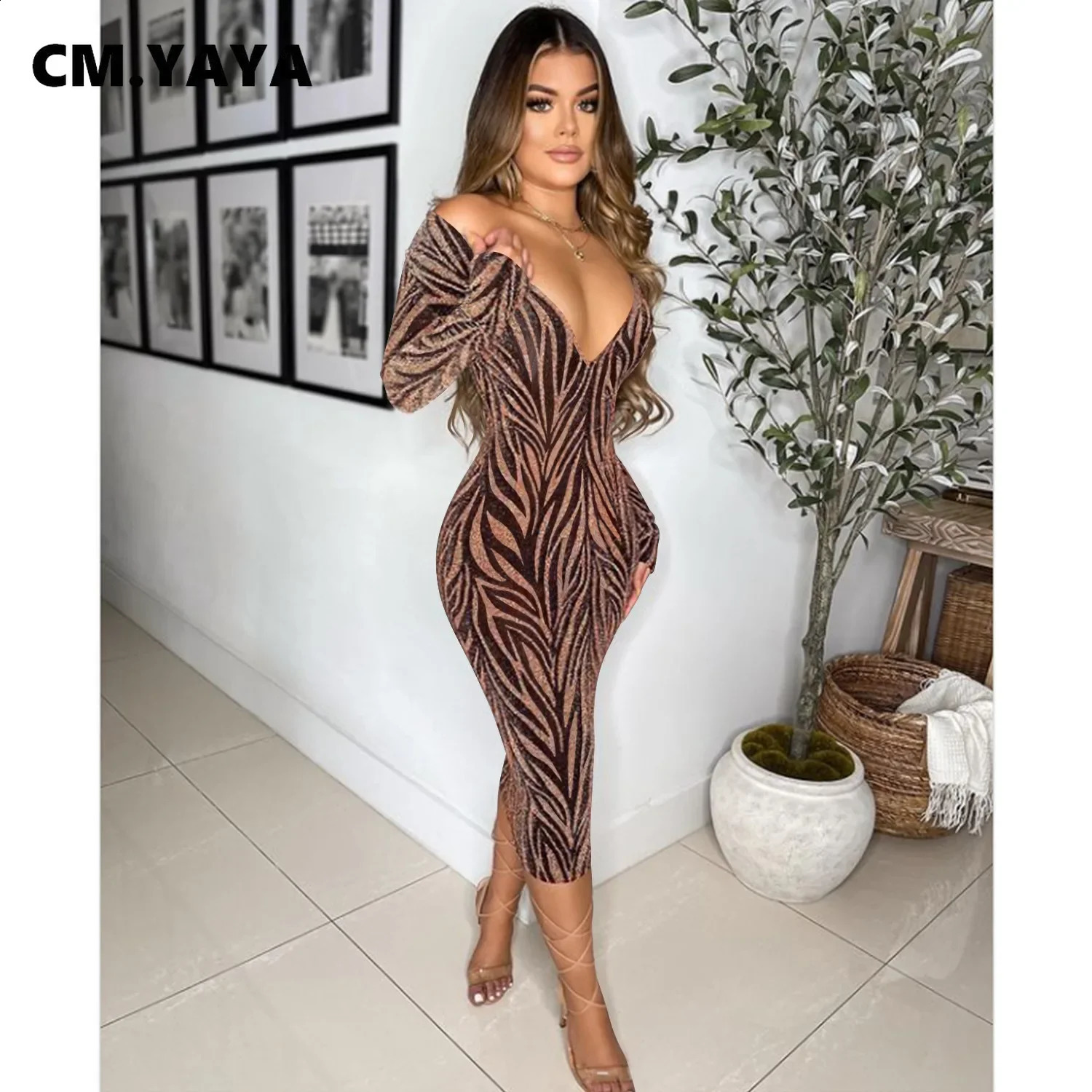 CM.YAYA Women Featuer Print V-neck Long Sleeve Party Sexy Bodycon Midi Dress 240819