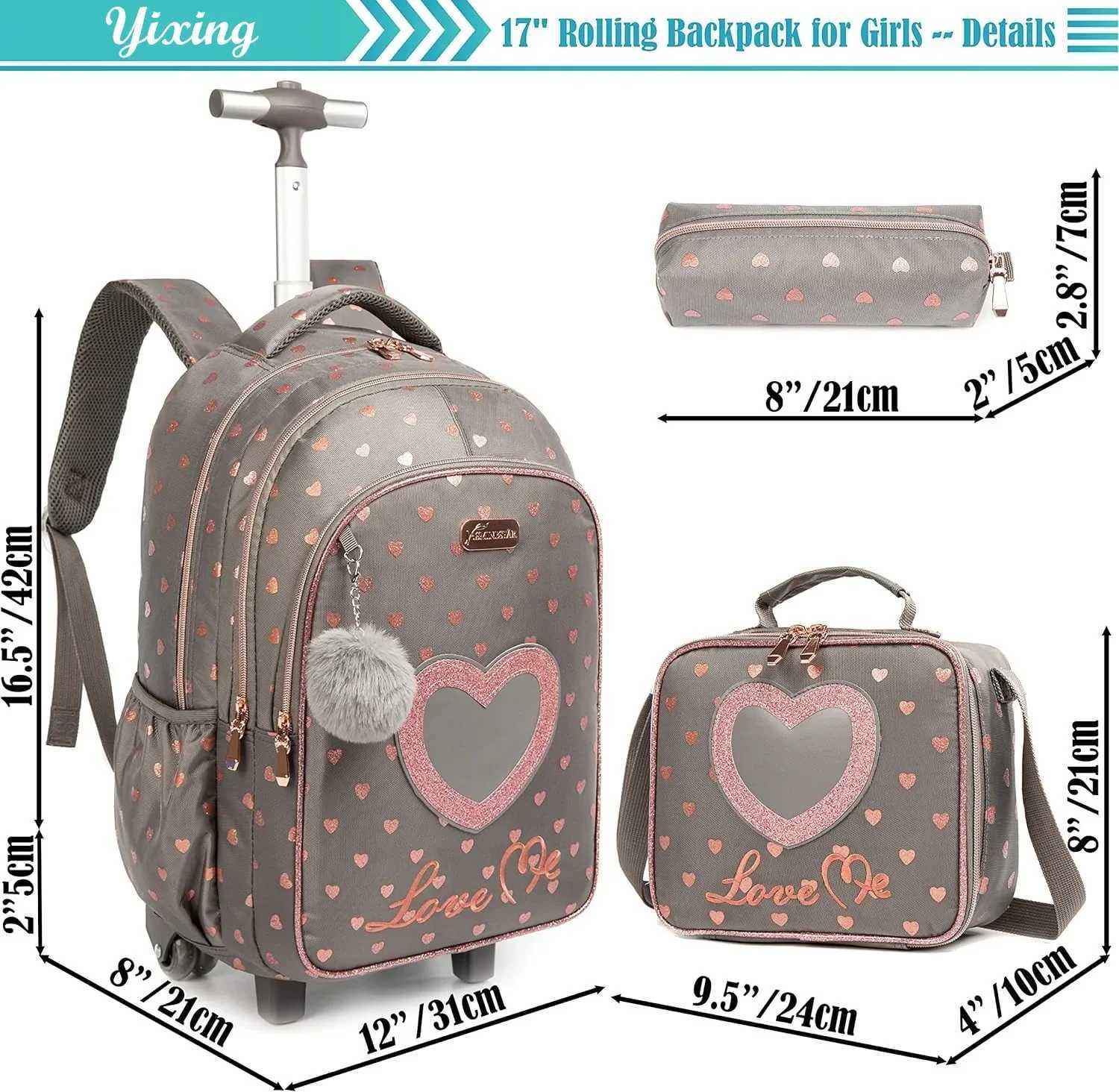 Childrens Wheeled Backpack Bag Set with Lunch Box School Rolling Backpack Bag with Wheels School Trolley Backpack Bag for Girls Y240820