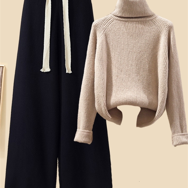 Autumn Winter Warm Knitwear Sets For Women Outfits Ladies Elegant Turtleneck Sweaterlong Cardigan Jacketwide Leg Pant Set 240819