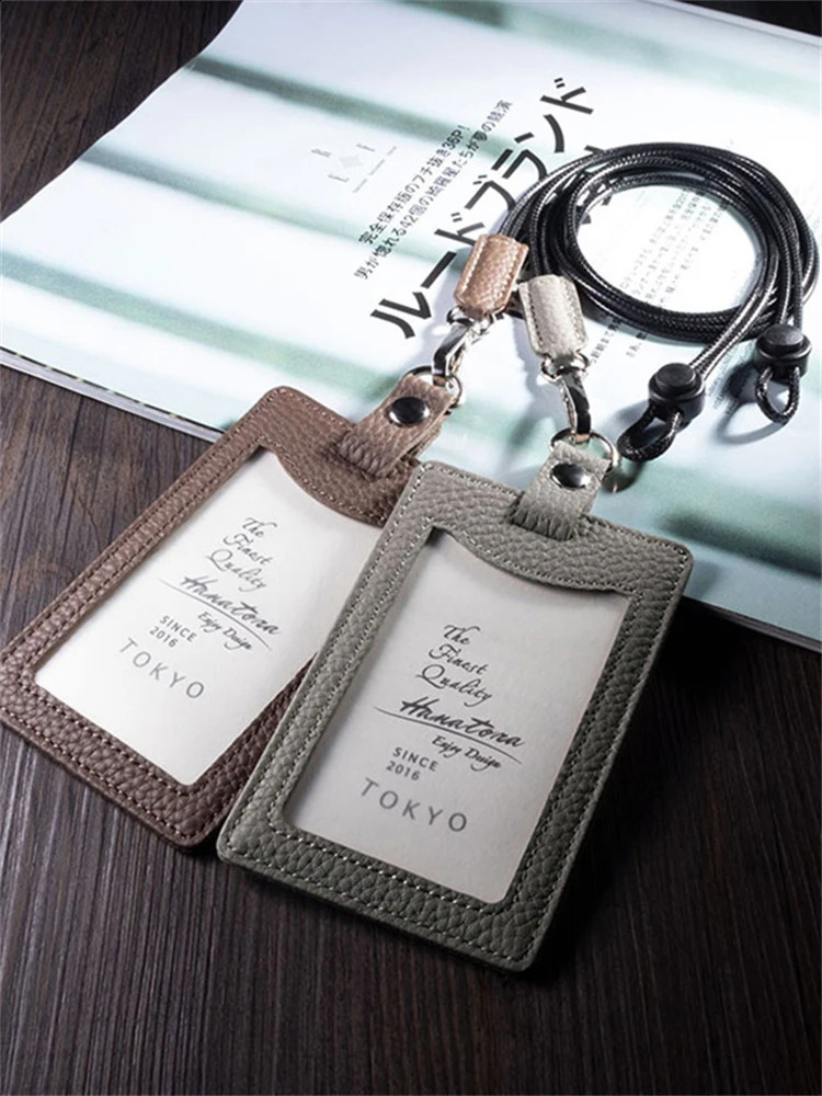 Momogrammed Letters genuine leather work card cover mens badge sleeve rope tie credit holder 240820