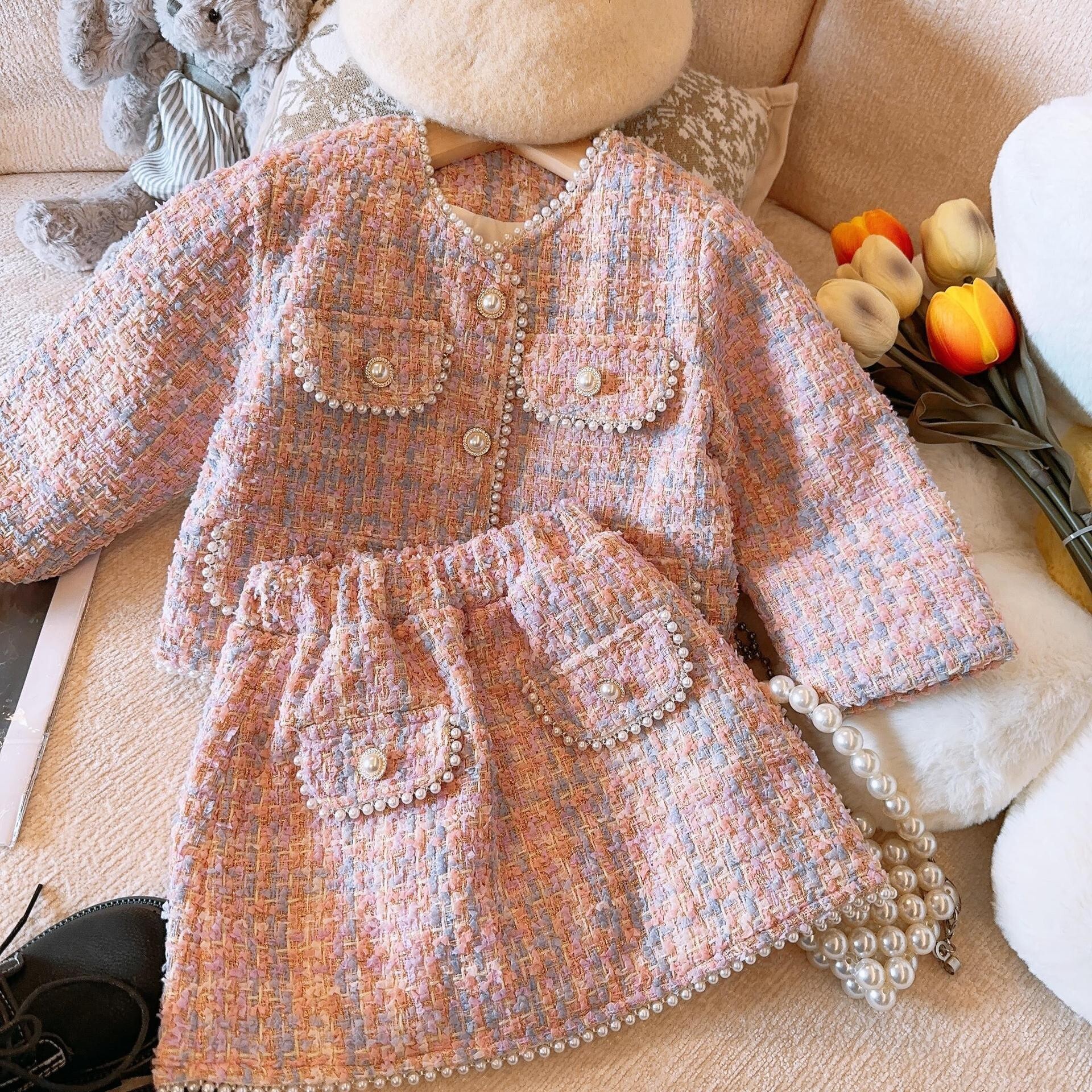 New Children's Clothing Light Small Fragrant Style Women's Autumn and Winter Heavy Weaving Top Skirt Clip Cotton Two Piece Set F66-08.20