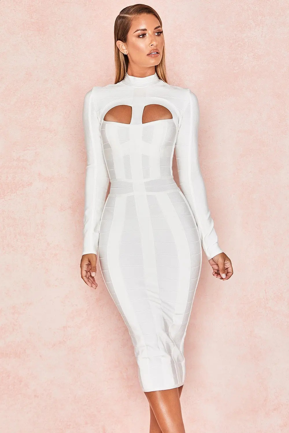 HQBORY Winter Long Sleeves sexy Hollow Out Knitted Bandage Dress mid-length Women Hole Cut Out Black Bodycon Vestidos Red XL 240819