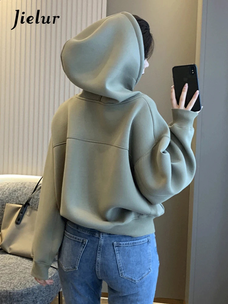 Jielur Fashion Simple Solid Color Womens Sweatshirt Slim Loose Vintage American Casual O-neck Female Hoodies Green White 240819