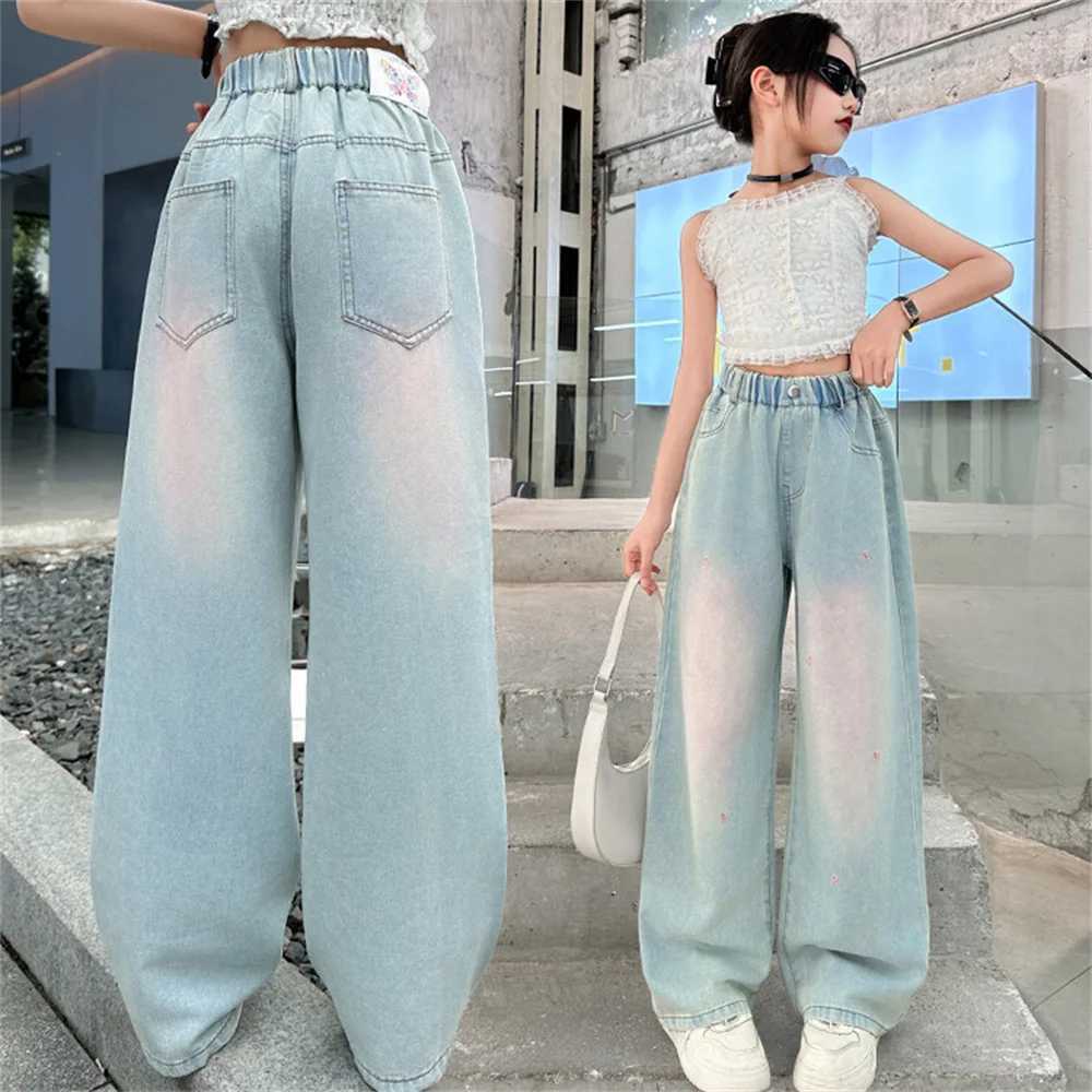 2484 Fashion Summer Ultra Thin Childrens Wide Leg Pants Embroidered Girls Jeans Childrens Jeans Denim Straight Leg PantsW240819