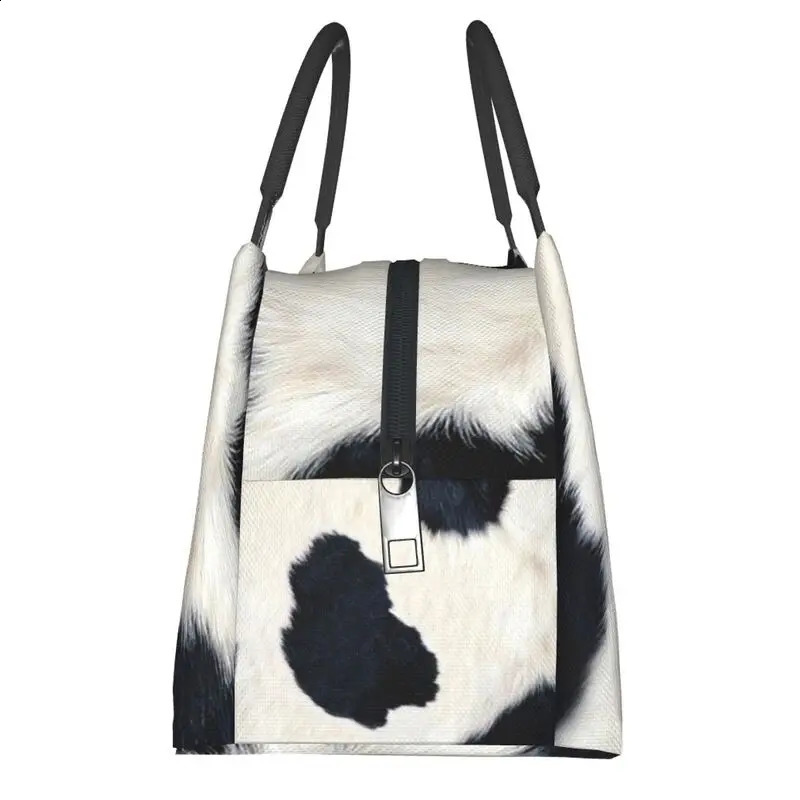 Real Black And White Cowhide Thermal Insulated Lunch Bags Print Women Rustic Cow Faux Fur Skin Leather Resuable Meal Food Box 240819